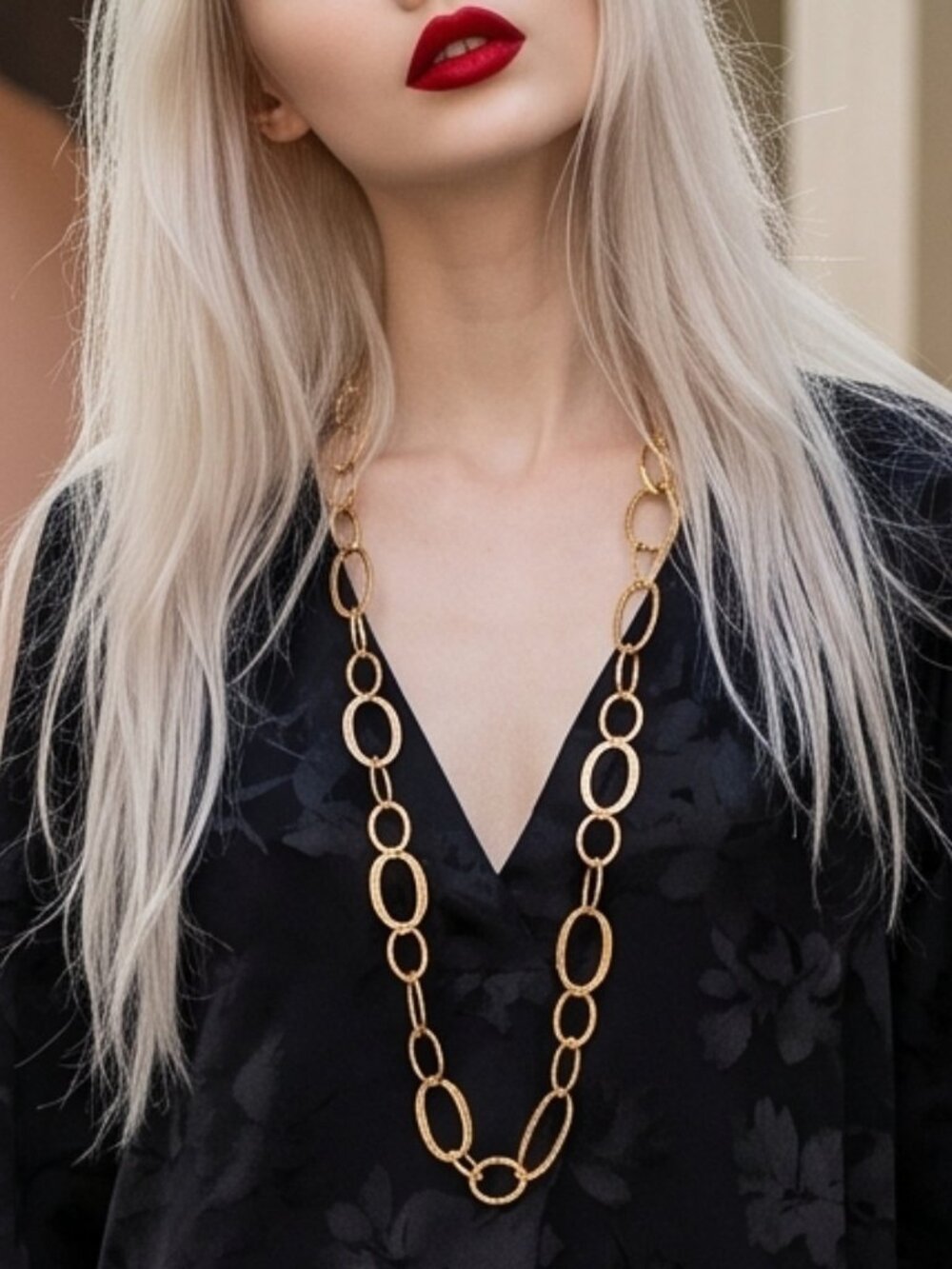 Vintage Gold Tone Oval Link Statement Necklace Long Textured Mixed Metal Chain